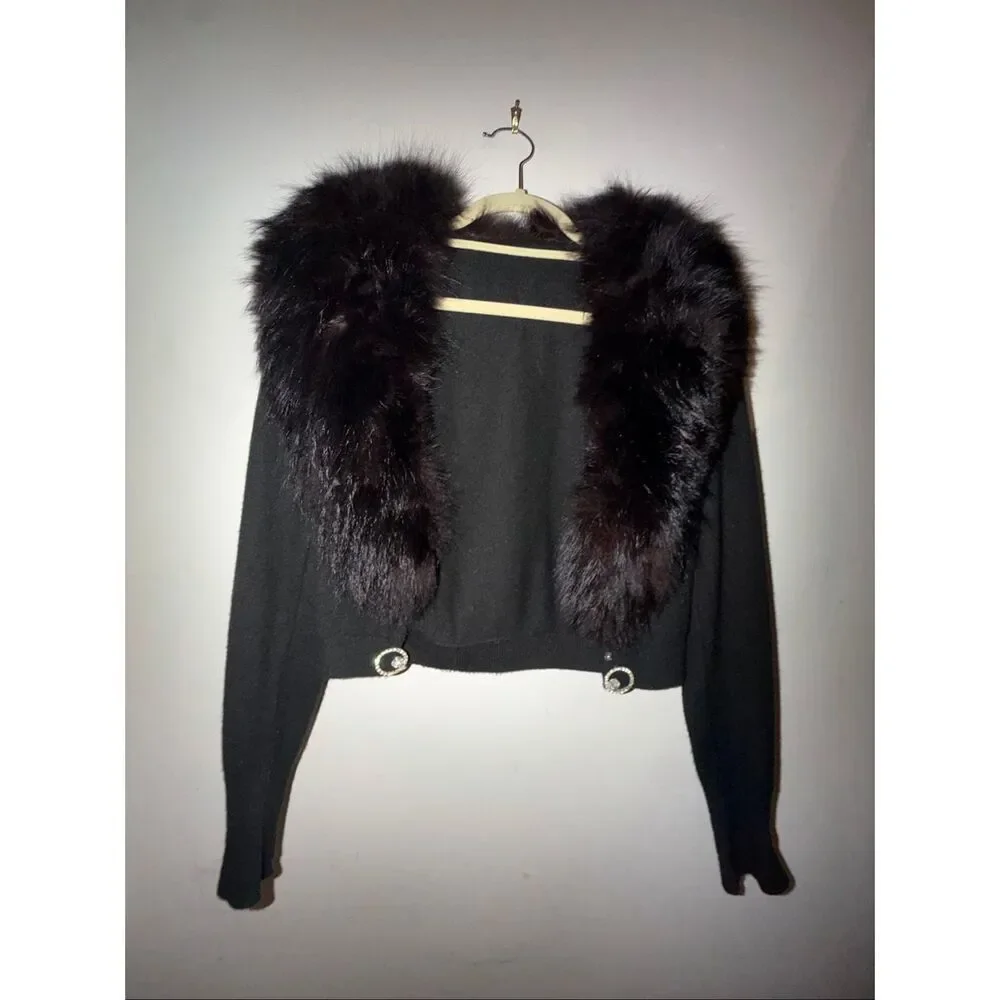 Black cardigan with dark brown fur and jewel at bottoms size S/M